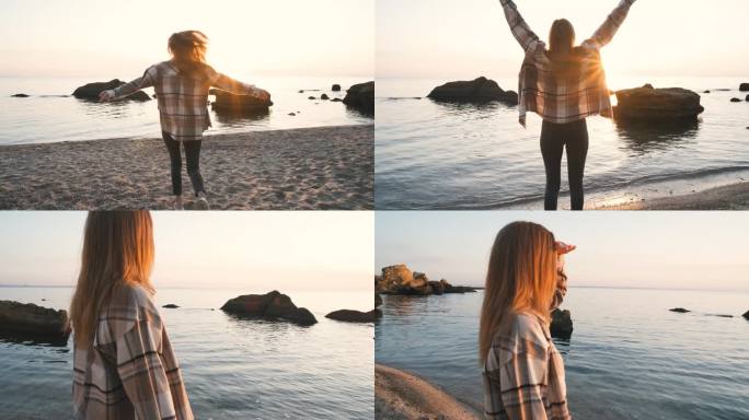 美丽快乐的红发女人在秋天日落或日出时沿着海边奔跑。缓慢的运动。
