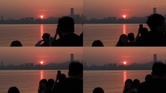 深圳湾公园夕阳和游客