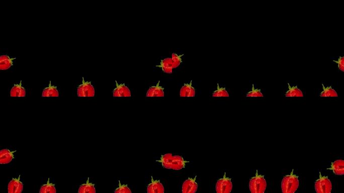 甜蜜的舞蹈草莓帧循环4K定格动画。夏季音乐歌曲红莓黑色背景叠加色度键视频过渡美味多汁的水果有趣的积极
