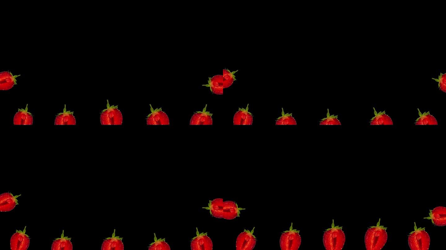 甜蜜的舞蹈草莓帧循环4K定格动画。夏季音乐歌曲红莓黑色背景叠加色度键视频过渡美味多汁的水果有趣的积极