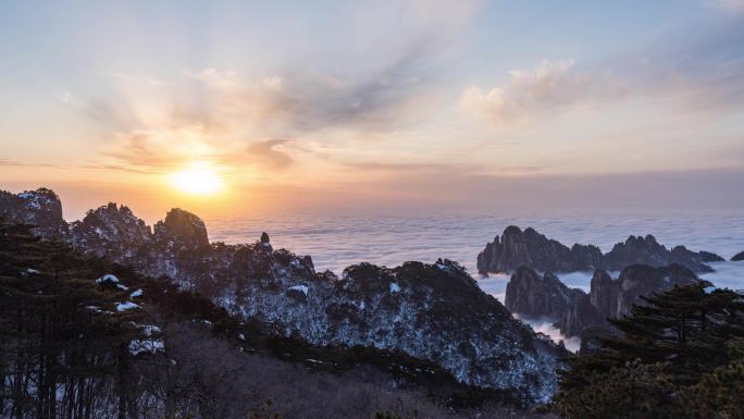 黄山冬季日落云海延时素材