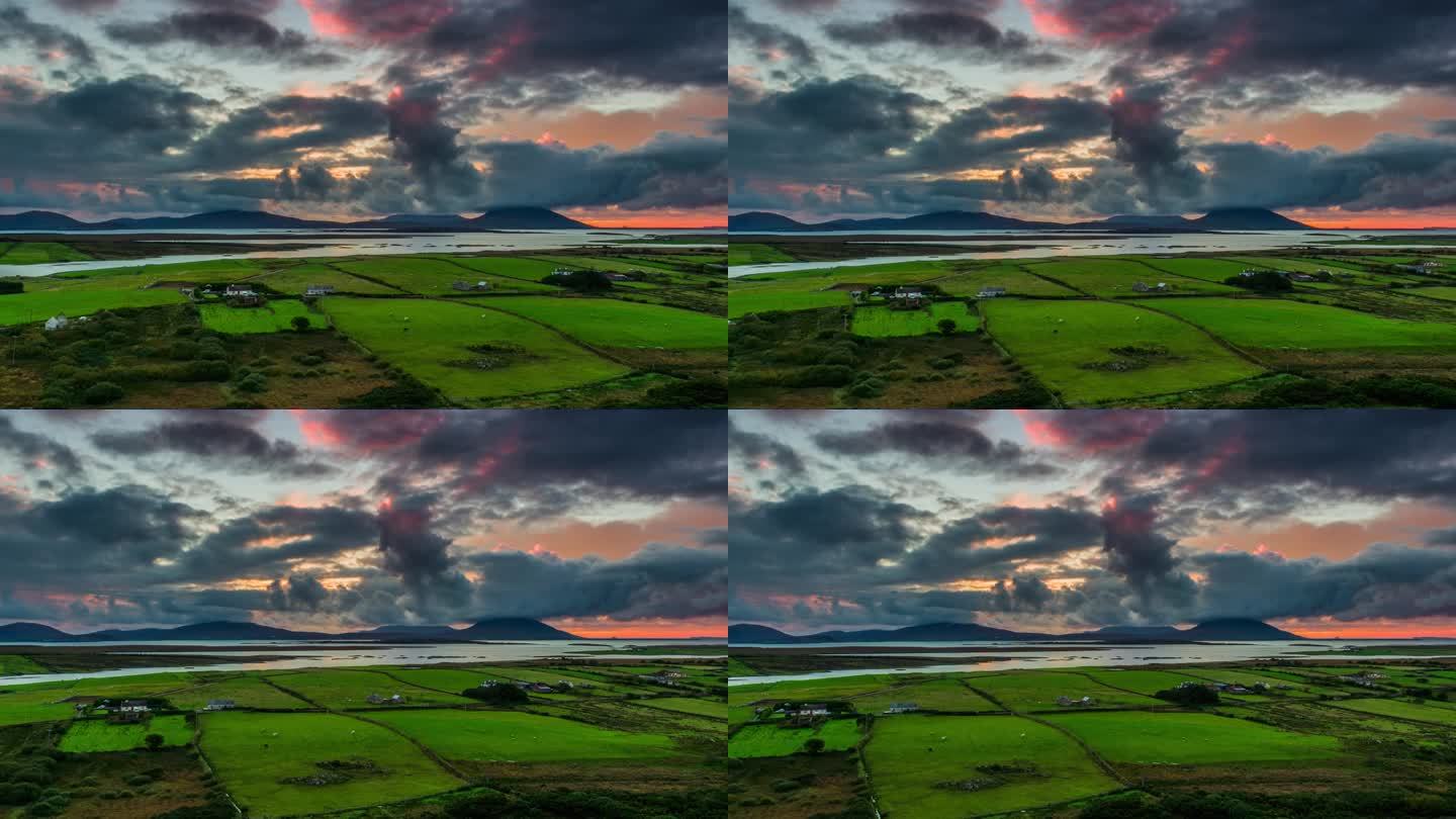 爱尔兰风景上戏剧性的日落天空