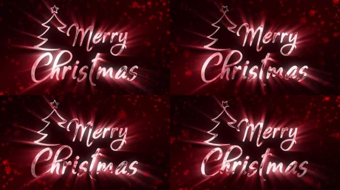 圣诞快乐，白色和银色的文字和圣诞树在红色的背景。雪在背景中慢慢飘落。光线与文字相互作用。圣诞节的概念
