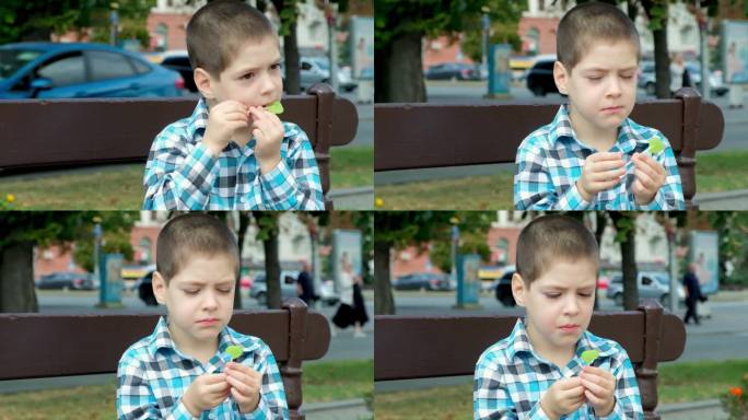 一个小男孩啃着棒棒糖，硬糖对孩子牙齿的危害