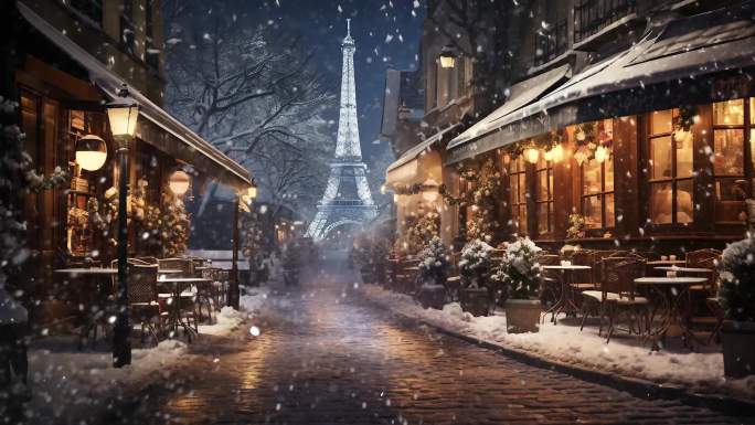 法国巴黎下雪舞台夜景 夜晚街头冬日雪景