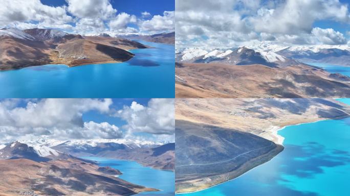 西藏圣湖羊湖羊卓雍措航拍湖泊蓝天白云雪山