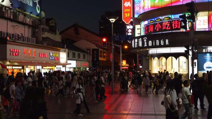 南京步行街夜景人流购物人山人海