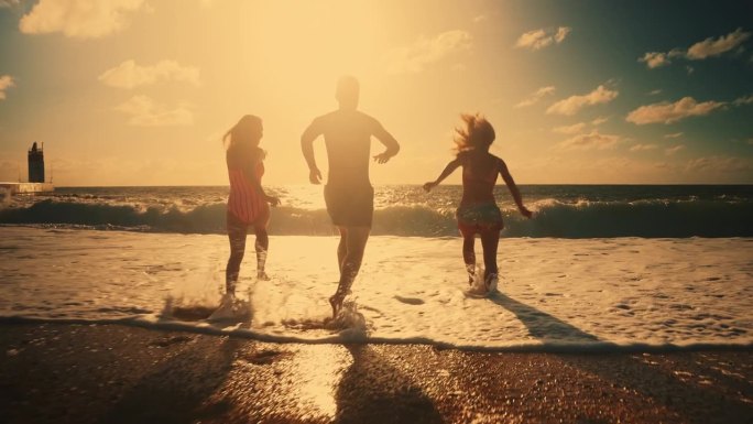 三个冲浪的朋友穿着泳装，背着冲浪板冲向大海。背景中的大海浪和日落。