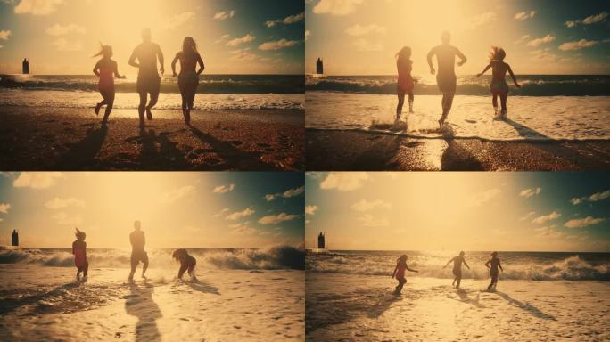 三个冲浪的朋友穿着泳装，背着冲浪板冲向大海。背景中的大海浪和日落。
