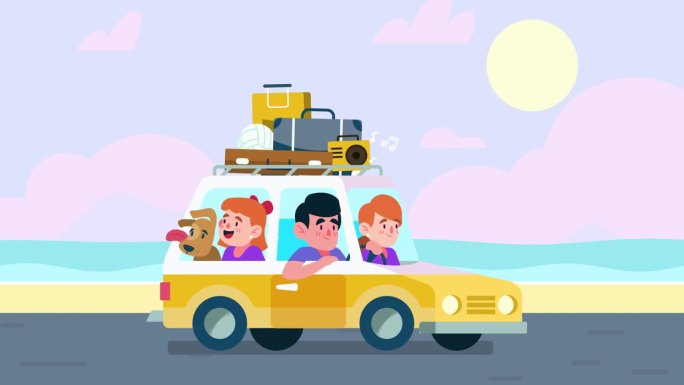 一家人在度假时开车沿着海滩旅行动画4k