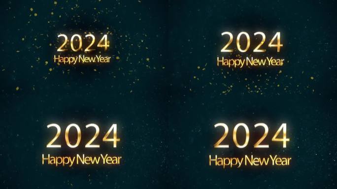 2024动画孤立在黑色背景上，金色金属数字的节日插图。动画文字说2024年新年快乐。3 d演示。