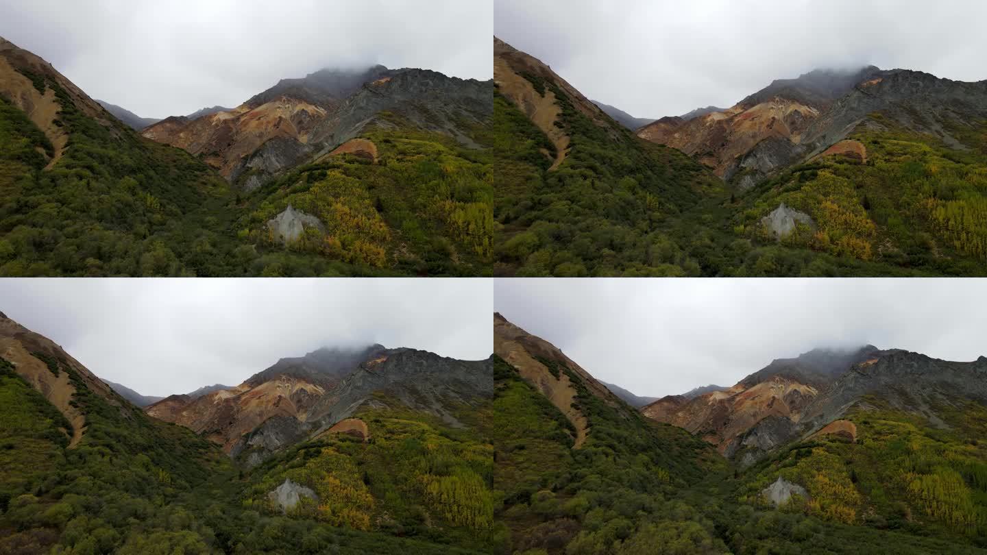 阿拉斯加一座山的鸟瞰图，露出了不同的岩石层和五颜六色的火山岩、碳酸盐岩和千层岩