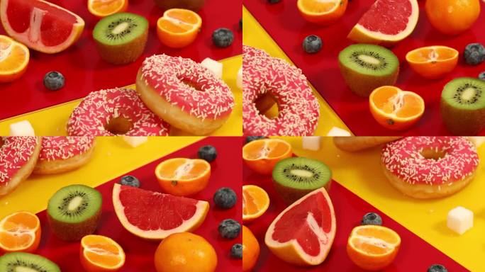 红色的背景是很多健康美味的水果，黄色的背景是甜甜甜圈和方糖，转圈圈，健康饮食的概念和饮食中的健康糖，