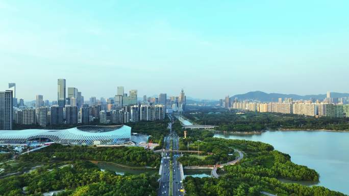 航拍深圳湾公园绿化环境交通道路