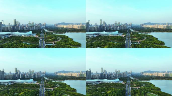 航拍深圳湾公园绿化环境交通道路