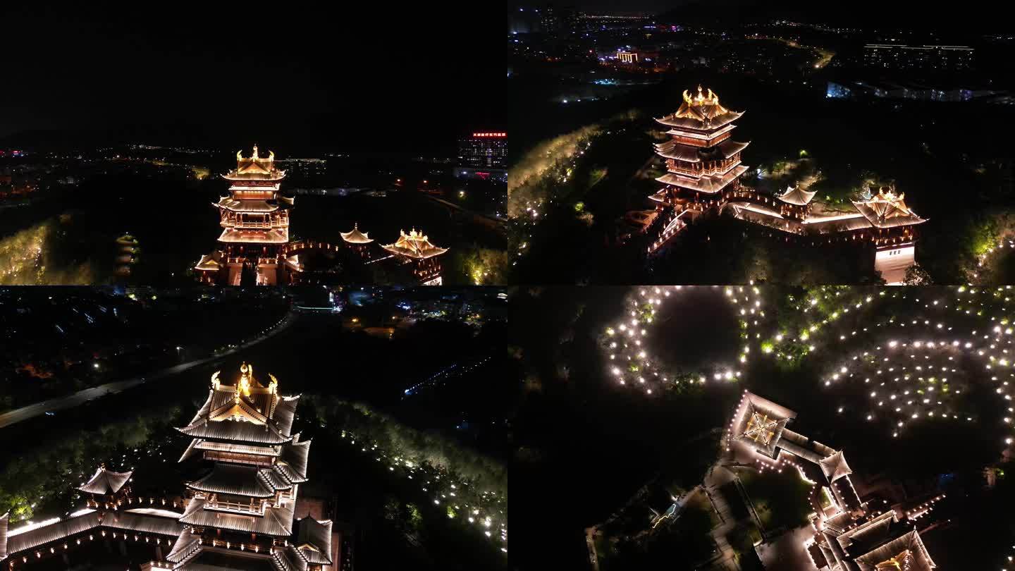 浙江义乌鸡鸣阁夜晚开灯航拍