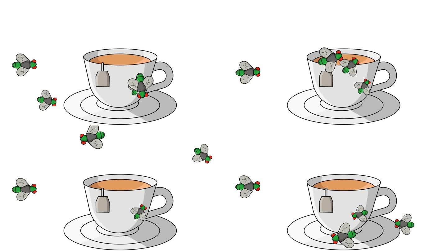 一杯茶被苍蝇侵扰的动画
