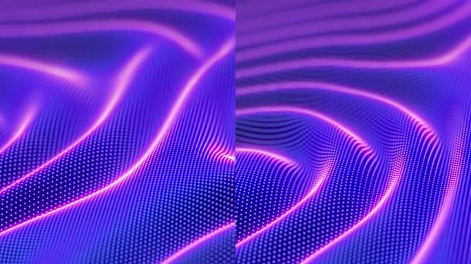 三维紫外波面。数字声音概念:蓝色像素化表面上的声波。大数据、人工智能、数字音乐的抽象可视化。