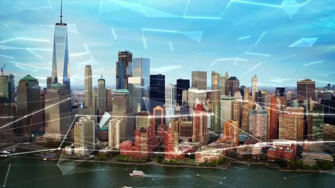 曼哈顿天际线的鸟瞰图。Technology-Futuristic。技术网络概念。从直升机上拍摄的。