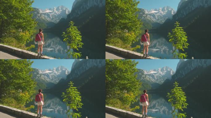 一名女子徒步前往奥地利湖边登山道的起点