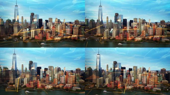 利用大数据网络技术鸟瞰纽约。未来。完美的说明:物联网，智慧城市，大数据，增强现实。从直升机上拍摄的。