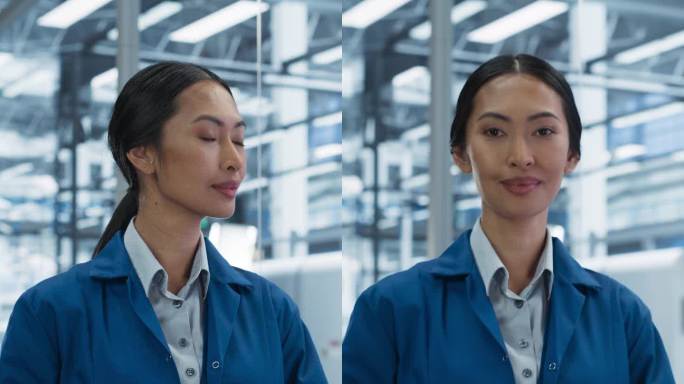 垂直屏幕:一个美丽的电子制造工程师的肖像微笑，为相机摆姿势。快乐的亚洲女性在人工智能机器人系统的生产