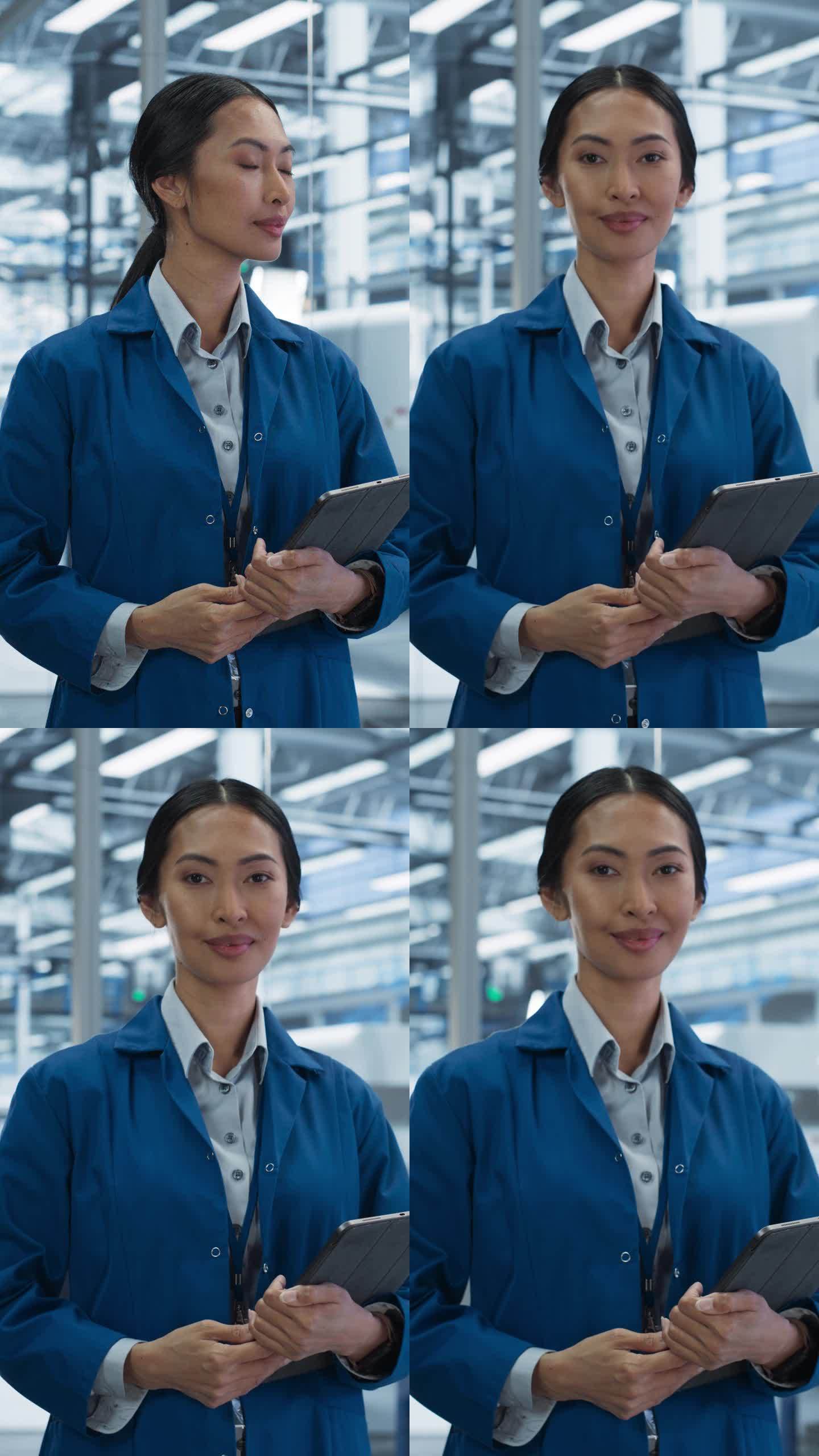 垂直屏幕:一个美丽的电子制造工程师的肖像微笑，为相机摆姿势。快乐的亚洲女性在人工智能机器人系统的生产
