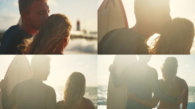 快乐，深情的冲浪夫妇在阳光明媚的海滩上接吻