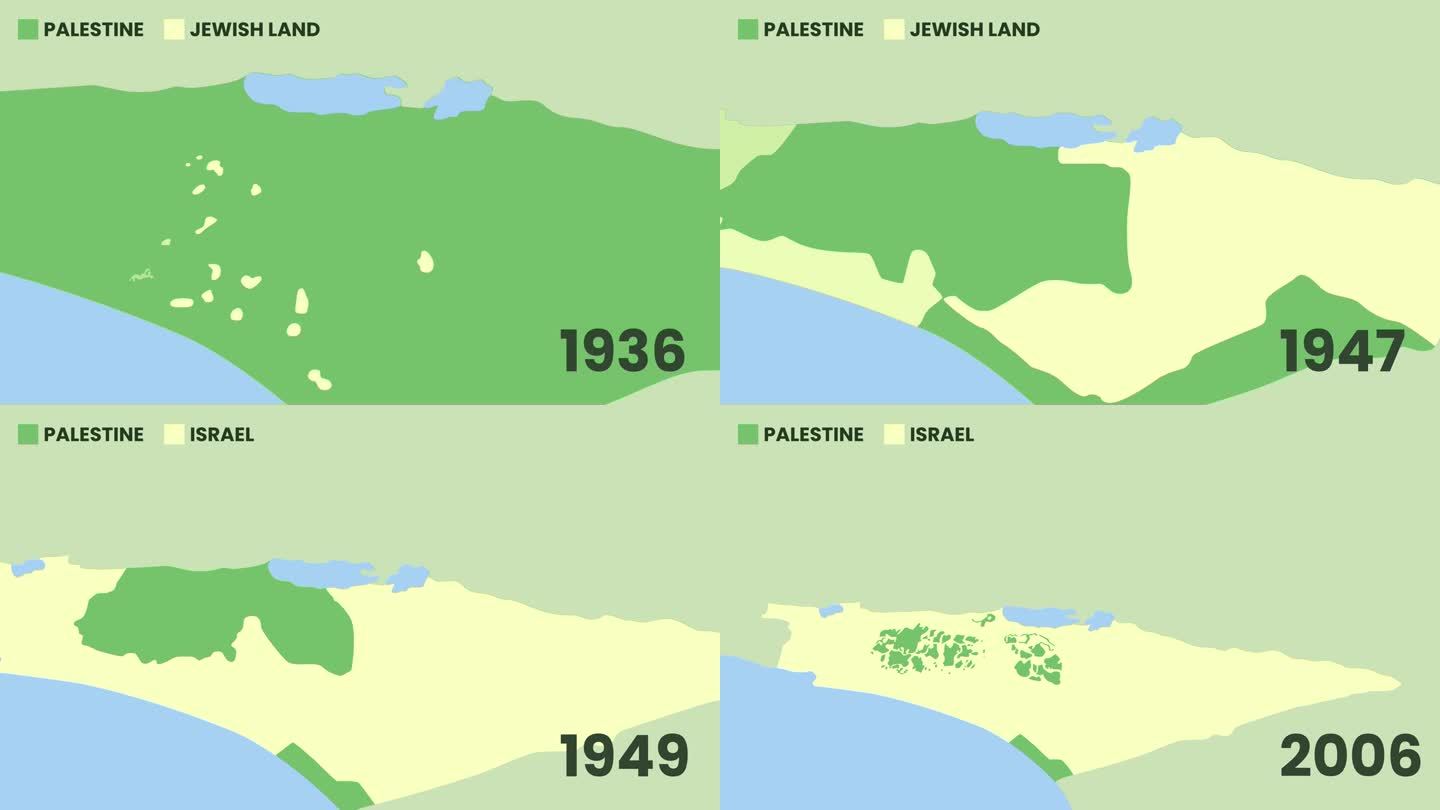 巴勒斯坦和以色列地图从1917年到2006年的3D视角动画