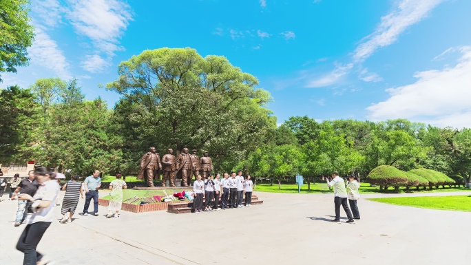 延安枣园革命旧址走向胜利五大书记雕塑延时