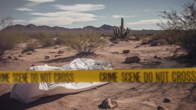 亚利桑那州沙漠里的犯罪现场有个尸体袋。在一起谋杀案的调查中，前景是警察的带子，背景是仙人掌和山脉