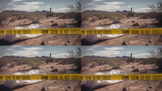 亚利桑那州沙漠里的犯罪现场有个尸体袋。在一起谋杀案的调查中，前景是警察的带子，背景是仙人掌和山脉