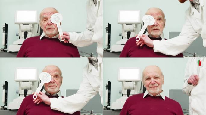 视力测试，诊断-在视力测试期间为退休人员，客户或患者提供咨询。眼科医生护理、验光服务和眼科检查。概念