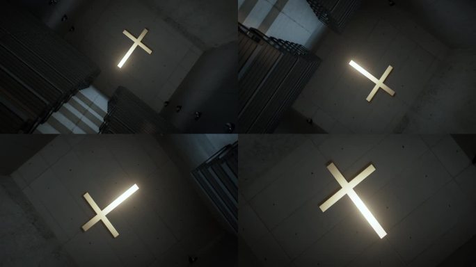 教堂的墙上挂着一个巨大的发光十字架。