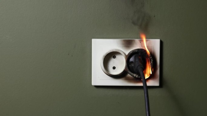 燃烧墙电源插座与插头电器电缆从短路的房子。家庭消防安全及电力过载的概念