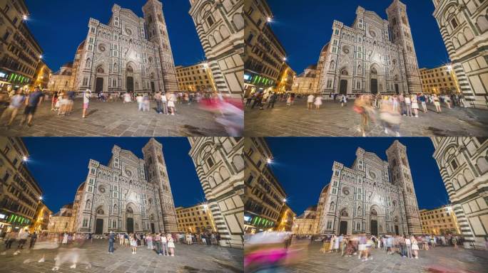意大利托斯卡纳的佛罗伦萨，夜晚，在大教堂广场周围的圣玛丽亚大教堂，游客们步行和观光景点的时间流逝