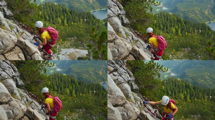 一名女子在奥地利的geroldseellake上爬过ferrata