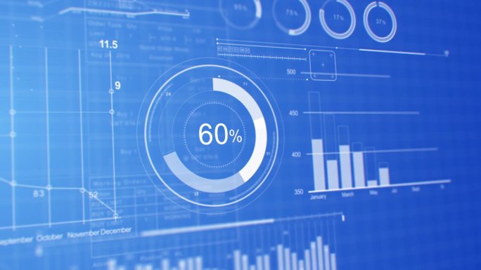 图表，图表，图表增长的数字蓝屏特写美丽的3d动画。股票市场业务信息与财务数据图解。现代科技理念