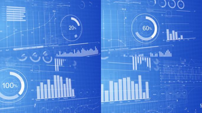 图表，图表，图表增长的数字蓝屏特写美丽的3d动画。股票市场业务信息与财务数据图解。现代科技理念