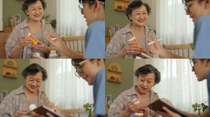一位女护工在家照顾一位老妇人的药物。