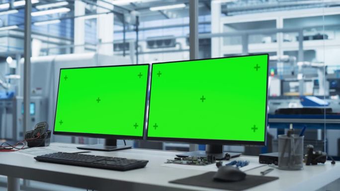 电子传送带工厂:办公室有两台电脑与绿色屏幕色度键显示在一个桌子上。机器人手臂制造组件的自动化装配线