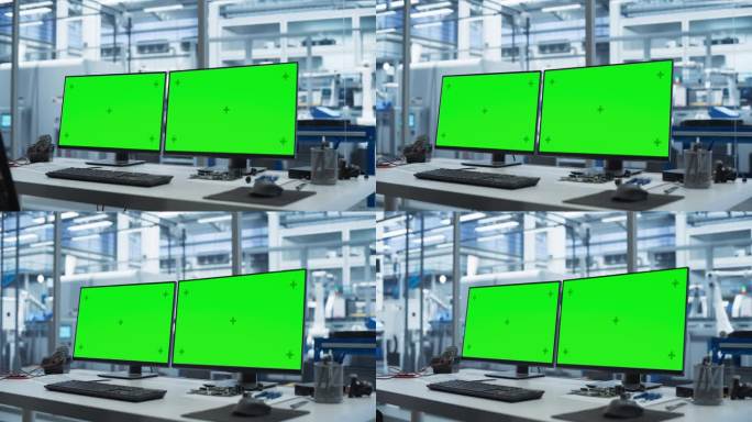 电子传送带工厂:办公室有两台电脑与绿色屏幕色度键显示在一个桌子上。机器人手臂制造组件的自动化装配线