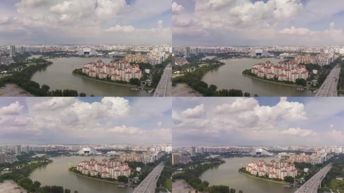 晴朗的日子新加坡城市著名的体育场竞技场海湾交通道路航拍全景4k延时拍摄
