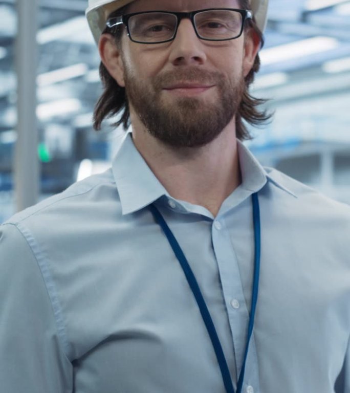 垂直屏幕:英俊的成年工程师戴着眼镜，使用平板电脑，看着相机。穿着衬衫的技术人员在一家现代科技工厂里拿