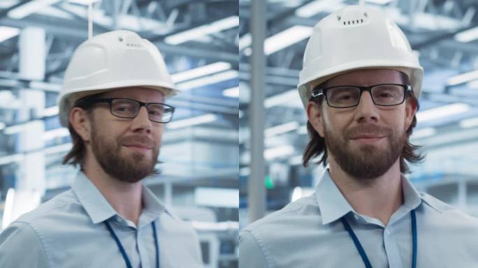 垂直屏幕:英俊的成年工程师戴着眼镜，使用平板电脑，看着相机。穿着衬衫的技术人员在一家现代科技工厂里拿