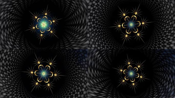 3d动画的金花曼陀罗，月亮和太阳，神秘的巫术神圣几何。循环视频的金色魔法异教符号在运动孤立的黑色迷幻