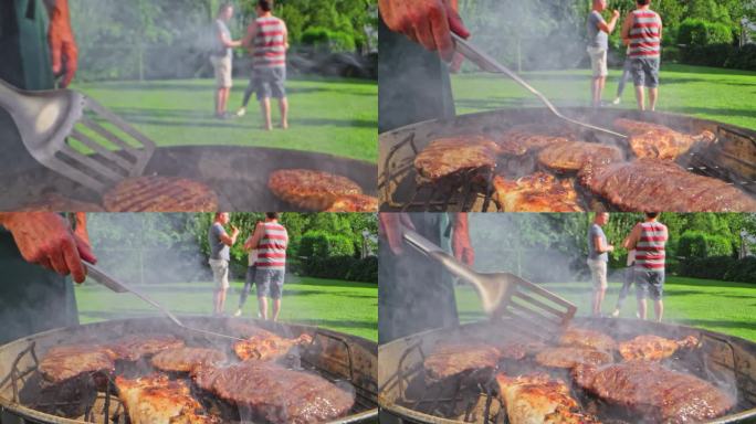 一个人在烤架上烤肉，而聚会上的人在后面说话