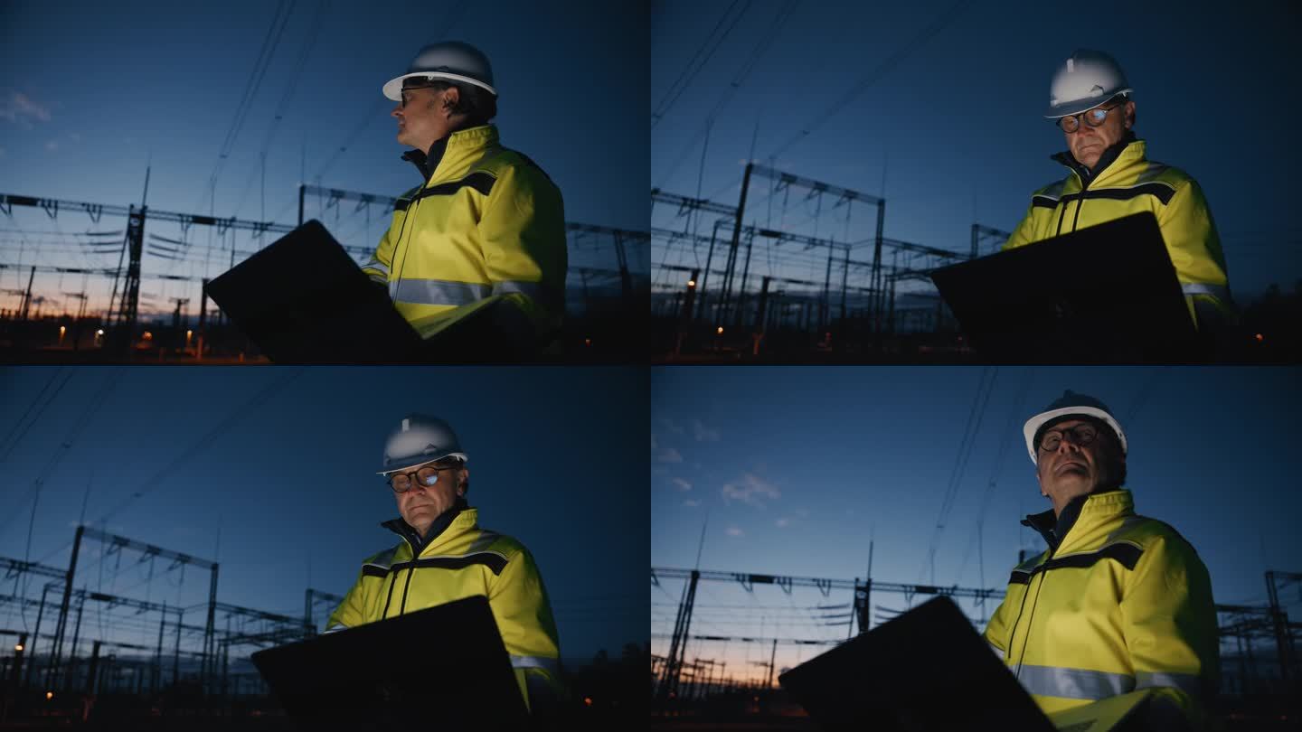 在蓝色的天空下，黑暗的发电站里，男电气工程师一边用笔记本电脑工作，一边检查剪影变压器