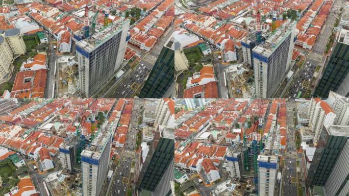 白天新加坡城市唐人街现代建筑施工院子交通街道航拍全景4k延时拍摄