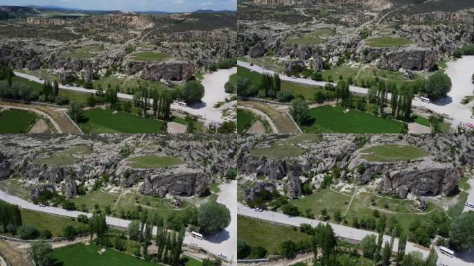 岩石上雕刻的古城的原始视频，由无人机以4k分辨率拍摄